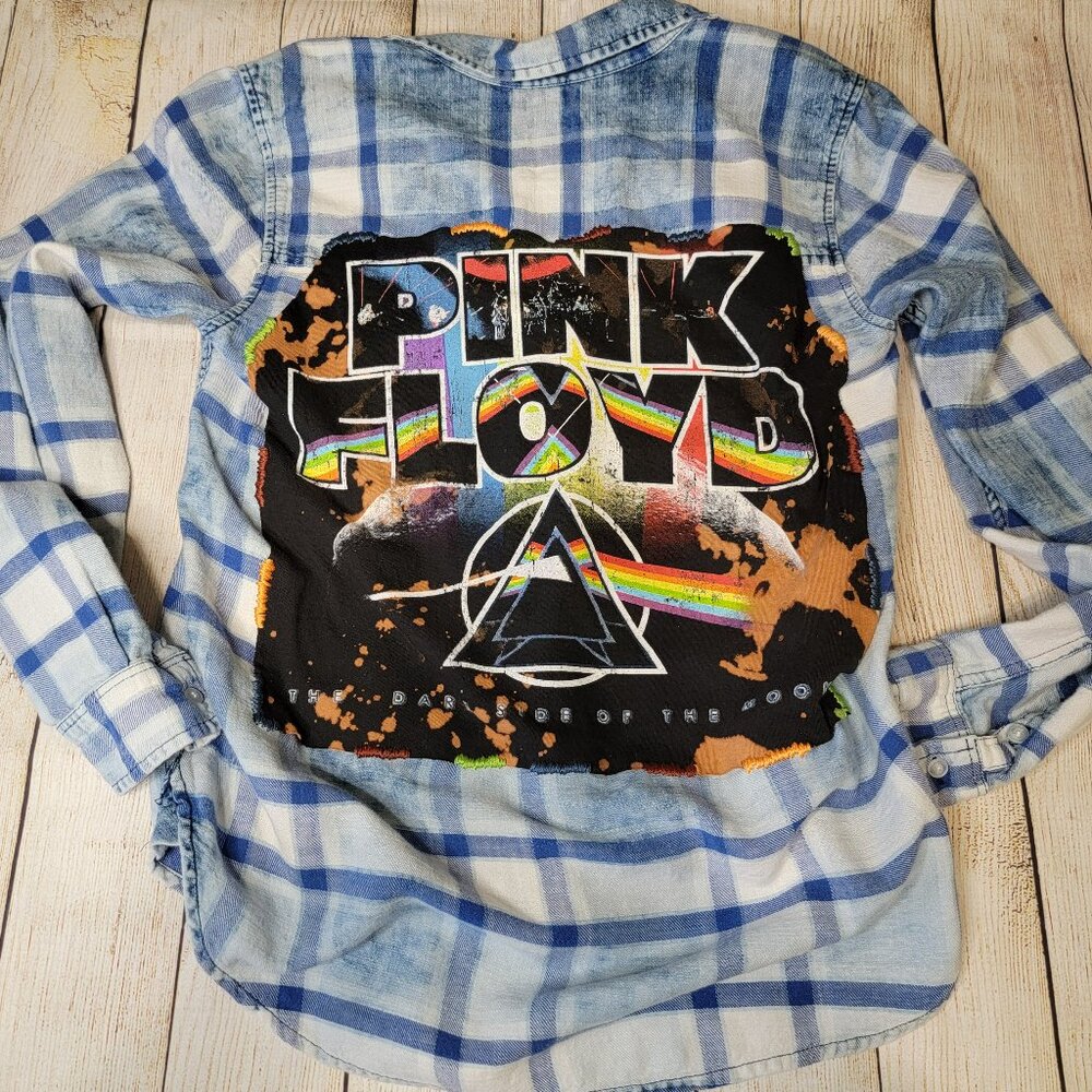 Upcycled Pink Floyd Band Tee Plaid Shirt, size medium